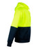A high-visibility two-tone hoodie featuring a bright yellow upper and a navy blue lower section, with a kangaroo pocket and a logo.