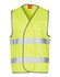 A bright yellow safety vest featuring reflective silver stripes and a logo. Suitable for safety wear and uniforms.