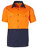 A short-sleeved cotton work shirt featuring a bright orange top half and a navy blue bottom half, with two chest pockets and a logo.
