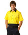 A short-sleeved, two-tone cotton work shirt in bright yellow and navy, featuring a logo and two chest pockets.
