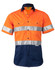 A short-sleeved safety shirt in orange and navy, featuring reflective silver stripes and a logo.