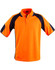 A hi-vis polo shirt in bright orange with navy sleeve panels and a collar, featuring a logo on the chest.