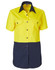 A short-sleeved safety shirt in high visibility yellow with a navy blue lower section and two front pockets.