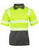A safety polo shirt featuring fluorescent yellow and grey colours, with reflective stripes and a pocket on the front.