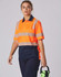 An orange and navy safety polo shirt with reflective stripes, featuring a logo on the chest.