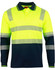 A long-sleeved safety polo in fluorescent yellow with grey reflective stripes and navy blue sleeves. Features a chest pocket and logo.