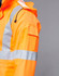 An orange safety jacket featuring reflective silver strips, with a pocket on the sleeve and a hood.