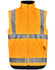 A high-visibility safety vest in bright orange with reflective silver stripes and a zip front. It includes pockets and a logo.