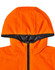 A bright orange quilted safety jacket with a hood and black lining, featuring a logo.