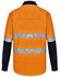 A bright orange long-sleeve safety shirt with navy blue sleeves and reflective tape across the front and back.