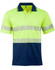 A high-visibility unisex polo shirt in bright yellow and navy, featuring reflective segmented stripes and a pocket.