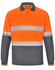 Unisex long-sleeve polo shirt in bright orange and grey, featuring reflective stripes and a pocket. Includes a logo.