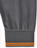 A grey long-sleeve polo shirt featuring segmented detailing with an orange stripe at the cuff. It has a logo on the garment.