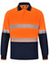 A long-sleeve polo shirt in bright orange and navy, featuring reflective stripes and a pocket. It has a logo on the chest.