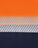 A segmented work polo shirt in vibrant orange and navy, featuring a reflective stripe design and a logo.