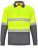 A long-sleeved polo shirt in high-vis yellow with grey segments and a pocket, featuring reflective stripes and a logo.