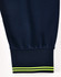 A navy blue long-sleeve polo shirt featuring a ribbed cuff with yellow and green stripes, and a logo.