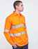 A long-sleeve orange work shirt with perforated reflective tape and a logo. Features two chest pockets.