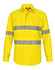A long-sleeved, bright yellow work shirt with grey perforated reflective tape and two chest pockets, featuring a logo.
