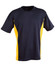 A short sleeve t-shirt featuring a navy blue body with yellow contrast side panels and a logo.