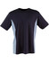A kids' short-sleeve T-shirt in navy blue with light blue contrast panels, featuring a logo.