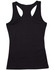 A black ladies' fitted stretch singlet with a racerback design, featuring a logo.