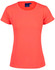 A bright coral women's T-shirt with short sleeves, featuring a logo on the neckline.