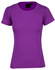 A purple ladies' stretch tee with short sleeves and a fitted design. Features a logo tag inside the neckline.