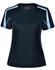 A black ladies' t-shirt with light blue accents and a logo. Short sleeves and a sporty design.