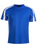 A blue ladies' short-sleeve t-shirt with white accents and a logo on the chest.