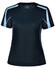 A black and light blue ladies' short-sleeve T-shirt with a logo on the front.