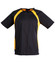 A men's t-shirt featuring a black body with yellow accents and short sleeves, complete with a logo.
