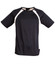 A men's short-sleeve tee shirt in navy with cream side panels. Features a logo on the collar.