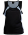 A black and light blue ladies' singlet featuring a lightweight design and athletic cut, with a logo on the label.