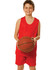A red kid's basketball singlet and shorts set, with a boy holding a basketball, featuring a logo.