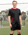 A black adults' soccer jersey with red accents, featuring short sleeves and a sporty design, displayed on a model.