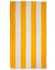 A striped beach towel featuring alternating yellow and white stripes, ideal for outdoor leisure.