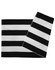 A striped beach towel in black and white with a logo, featuring alternating bold stripes.