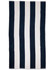 A striped beach towel featuring alternating navy blue and white stripes, with a logo at one corner.