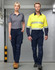 Unisex utility stretch cargo work pants in navy, featured on a model paired with a grey polo and another with a high-visibility shirt.