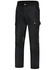 Black Rip-Stop poly/cotton stretch work pants with multiple pockets and a logo. Suitable for workwear.