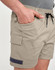 Unisex cotton stretch drill work shorts in khaki, featuring side pockets and a drawstring waistband.
