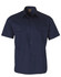 A navy blue short-sleeve cotton work shirt with two chest pockets and a branded label.