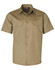 A short-sleeved khaki work shirt featuring two chest pockets and a logo.