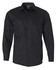 A black long-sleeve work shirt with two front pockets and a logo on the collar.
