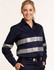 A navy long-sleeve work shirt made from cotton drill, featuring 3M reflective tapes and a logo.