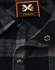 A black and grey plaid unisex flannel button-up shirt featuring snap buttons and a logo tag.