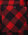A close-up of a unisex flannel plaid shirt featuring a black and red pattern with a chest pocket.