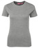 A grey women's t-shirt with a fitted design and short sleeves. It features a branding logo at the neck.