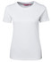 A white ladies' t-shirt with a round neck and short sleeves, featuring a logo on the label.